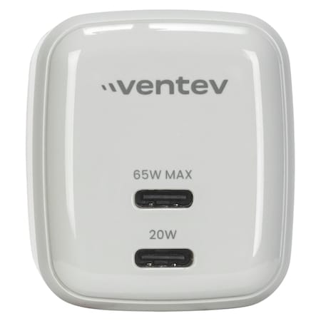 Ventev 65w Ultrafast Usb C Universal Dual Gan Mini Wall Charger, Gray WC65-HDBX-83820